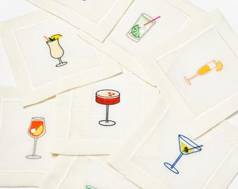 Tovaglioli da cocktail ricamati personalizzati con icone di bevande / Tovaglioli di lino ricamati con cocktail estivi