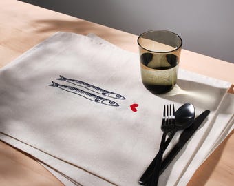 Sardines Embroidered Linen Placemats / Table Linens / Housewarming Gift