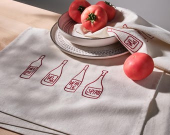 Manteles individuales de lino bordados con botellas de vino / Decoración de comedor / Regalo para anfitrionas / Mantelería