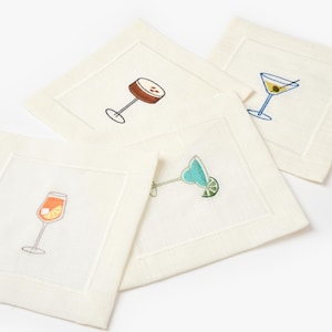 Servilletas de cóctel de lino bordadas con iconos de bebidas / Juego de 4 / Aperol Spritz / Espresso Martini / Margarita / Martini