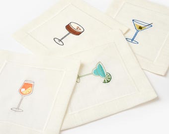 Embroidered Linen Cocktail Napkins With Drink Icons/ Set Of 4/ Aperol Spritz/ Espresso Martini/ Margarita/ Martini