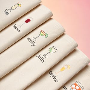 Personalized Tote Bag With Cocktail Icons / Custom Name Embroidered Tote Bag image 2