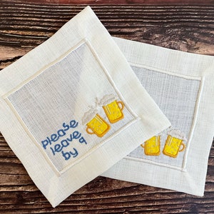 Please Leave By 9 Cocktail Napkins/ Embroidered Linen Napkins/ Funny Housewarming Gift/ Hostess Gift / Embroidered Beer Glass / Party Decor image 3