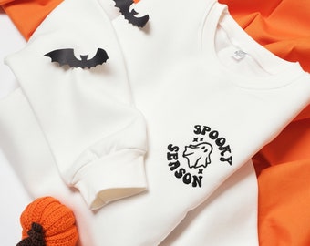 Spooky Season Embroidered Sweatshirt for Halloween/ Embroidered Ghost Crewneck/ Embroidered Halloween Sweatshirt