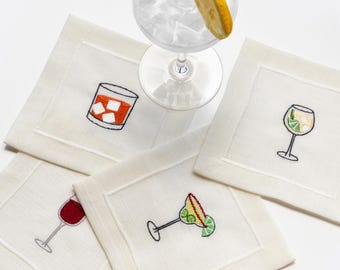 Embroidered Linen Cocktail Napkins: Drink Icons, Set of 4, Whiskey, Red Wine, Spicy Margarita, Gin&Tonic