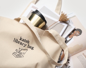 Custom Embroidered Library Tote Bag - Personalized Book Lover Gift- Name Embroidered Tote Bag
