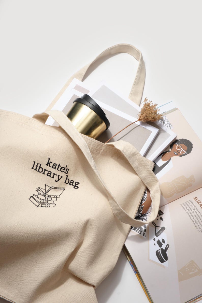 Custom Embroidered Library Tote Bag - Personalized Book Lover Gift- Name Embroidered Tote Bag image 1