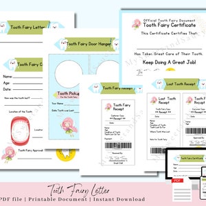 Tooth Fairy Letter and Tooth fairy Receipt, First Tooth Certificate, Editable Tooth Fairy Printable, Tooth fairy pillow accessory