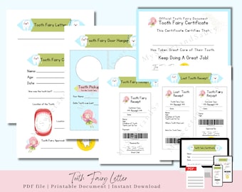 Tooth Fairy Letter and Tooth fairy Receipt, First Tooth Certificate, Editable Tooth Fairy Printable, Tooth fairy pillow accessory