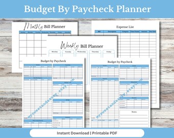 May include: Printable budget planner with a blue and white color scheme. The planner includes sections for monthly and weekly bill planning, expense tracking, and budgeting by paycheck. The text "Budget By Paycheck Planner" is at the top of the page.