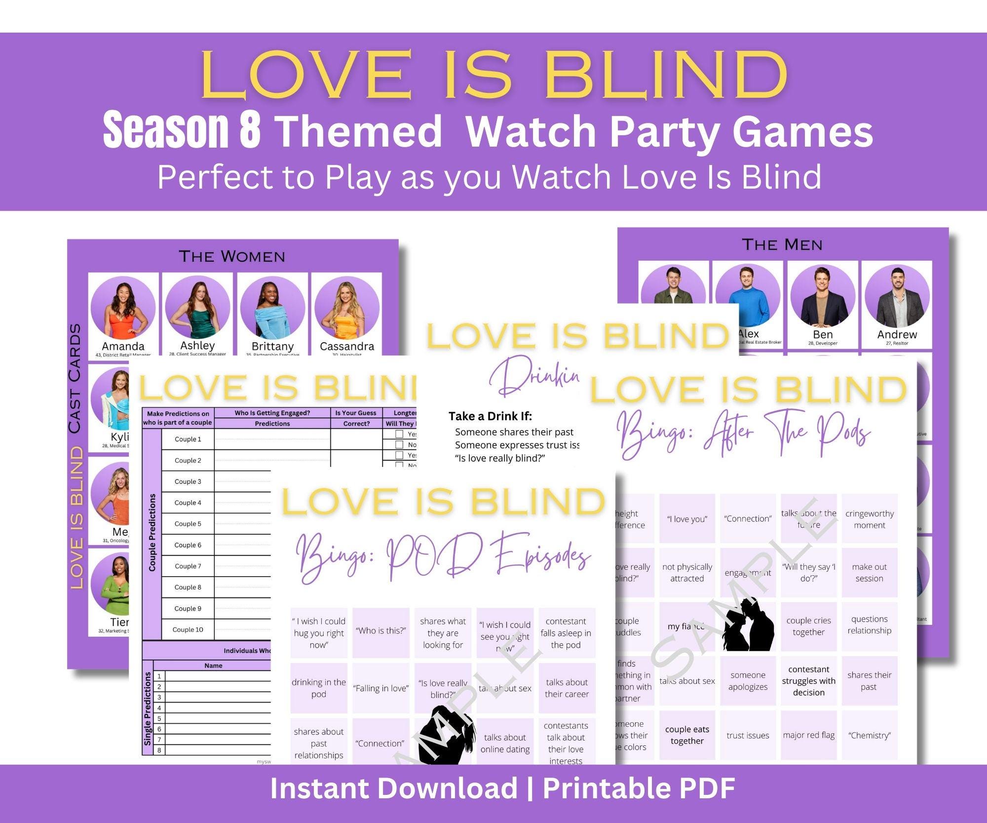 Love is Blind Watch Party Pack | Season 8 | Bingo Cards | Cast Guide | Drinking Game | The Ultimate Love Is Blind Watch Party Pack