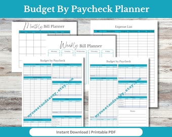 May include: Printable budget planner with four pages. The pages are titled "Monthly Bill Planner", "Weekly Bill Planner", "Budget by Paycheck", and "Expense List". The pages are white with black text and blue lines.