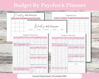 May include: Printable budget planner with pink and blue accents. The planner includes sections for monthly bills, weekly bills, and budget by paycheck. It also includes an expense list with columns for bill, description, category, time frame, amount, and due date.