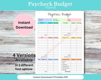 May include: Printable Paycheck Budget Planner with four versions available in three different font options. The planner has sections for income, bills, debt payments, and a summary. The planner is in pastel colors with a light blue, green, and pink color scheme.