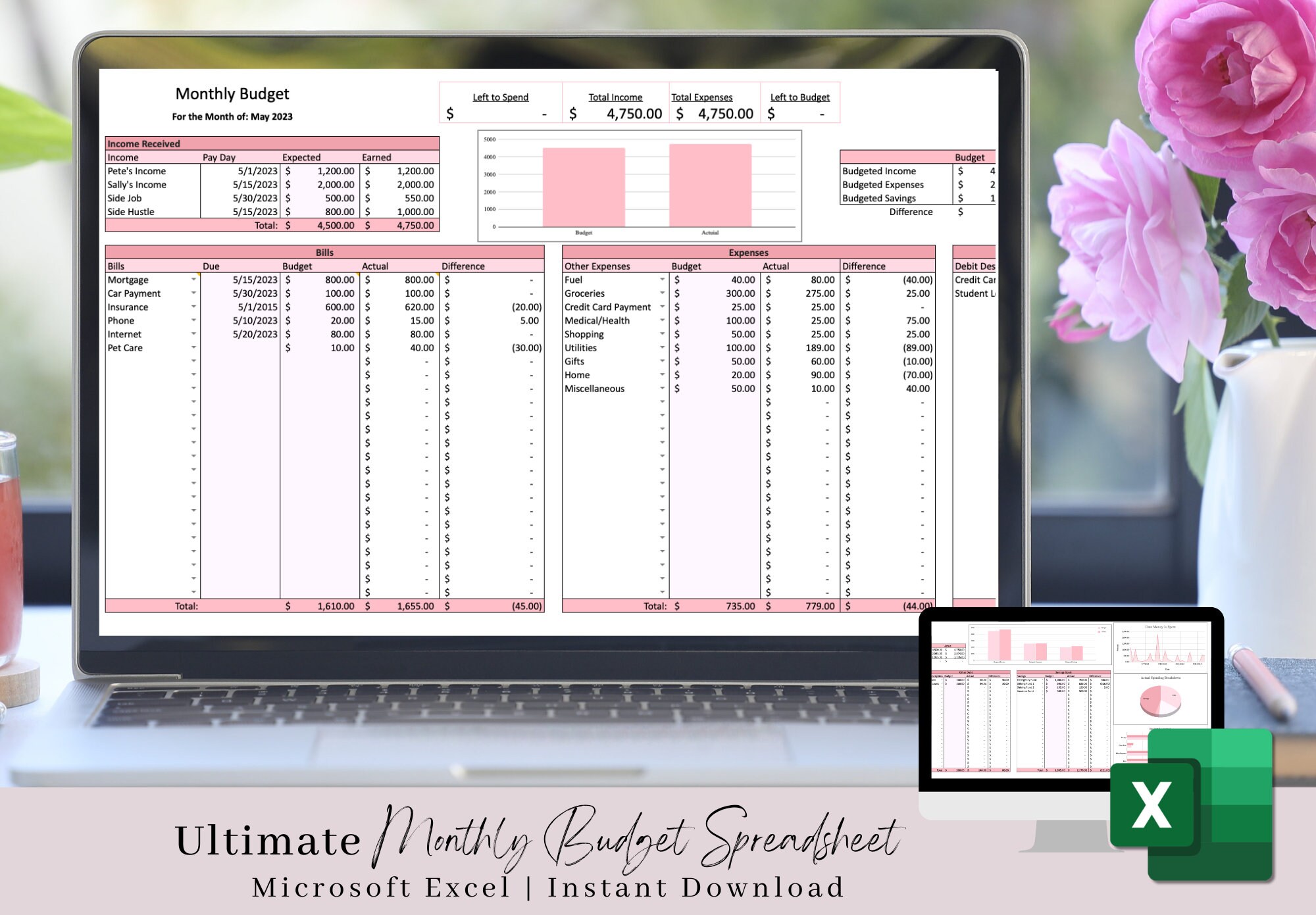 Ultimate Budget Planner w Excelu, Arkusz kalkulacyjny budżetu, Budżet w Excelu, Miesięczny budżet, Śledzenie rachunków, Śledzenie długów, Planer finansowy, Excel Temp