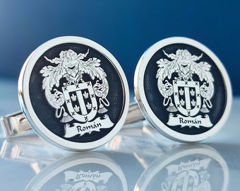 Abotoaduras personalizadas com logotipo da família, abotoaduras com brasão, abotoaduras personalizadas, abotoaduras personalizadas, presente de Natal, presente de Dia dos Namorados, abotoaduras de prata esterlina