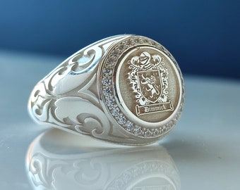 Family Crest Coat of Arms Shield Signet Ring, Sterling Silver Personalized Jewelry,Personalized Shield signet ring