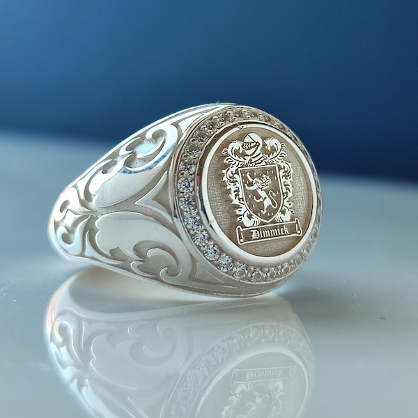 Anillo con sello y escudo de armas familiar, joyería personalizada de plata de ley, anillo con sello de escudo personalizado