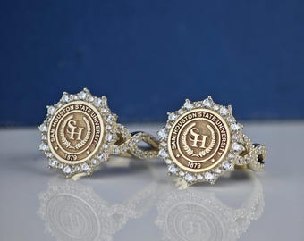 14 kt echt gouden universiteitsring met diamant – gepersonaliseerde afstudeerring, luxe gepersonaliseerd cadeau voor haar