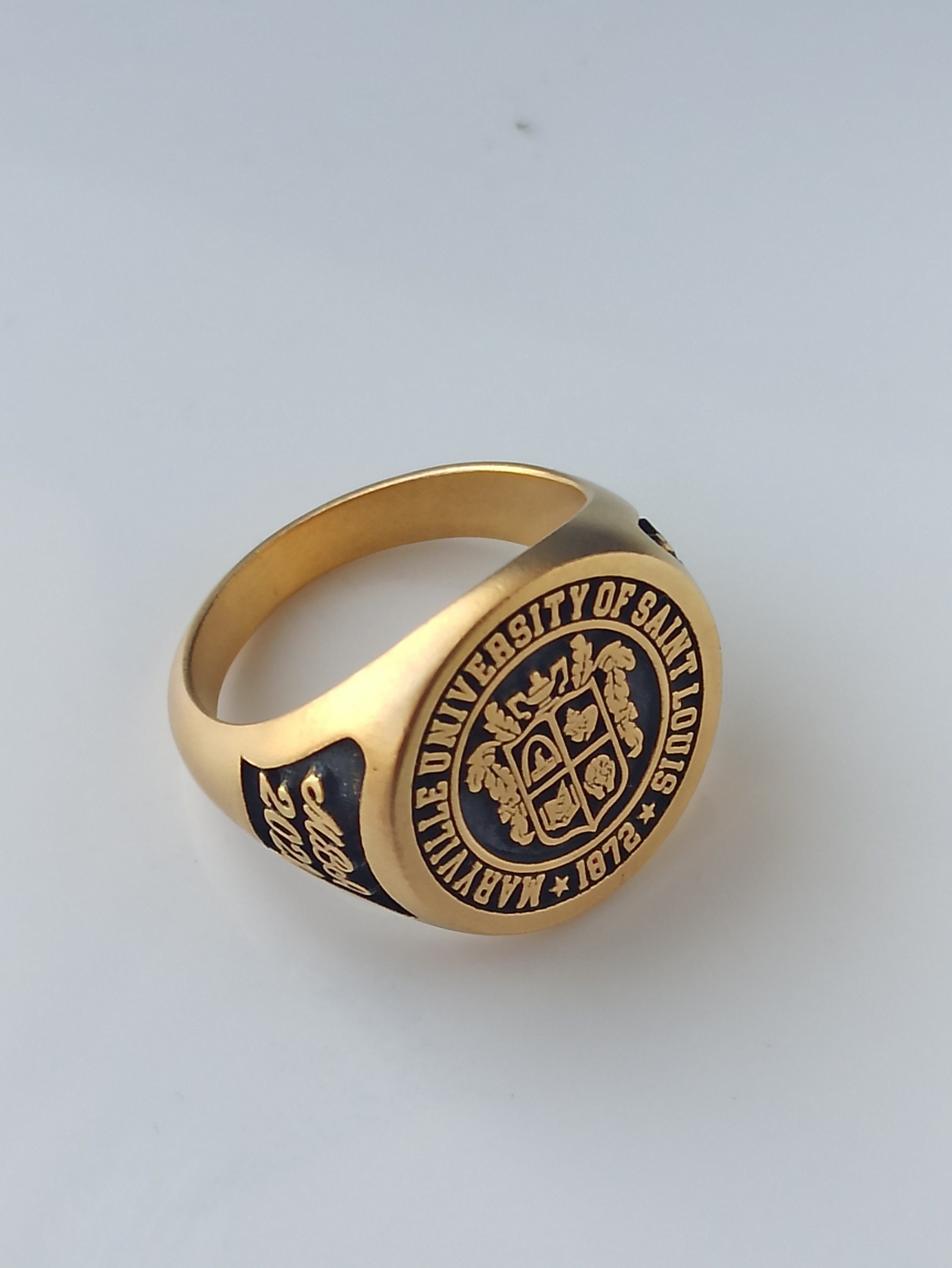 Engraved College Ring 18号 Sterling Silver Family Crest Ring, Gold Plated Signet, Graduation