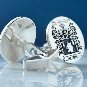 Engraved Family Crest Cufflinks - Custom Coat of Arms Jewelry in 925 Silver