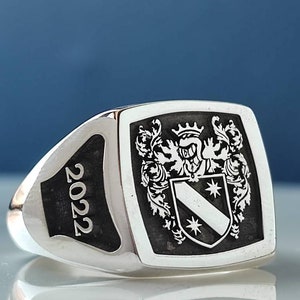 10K Gold, 14K Gold, 18K Gold, Family Crest Coat of Arms Custom Ring for Personalized Rings, Custom Ring with Personalized Gold and Silver
