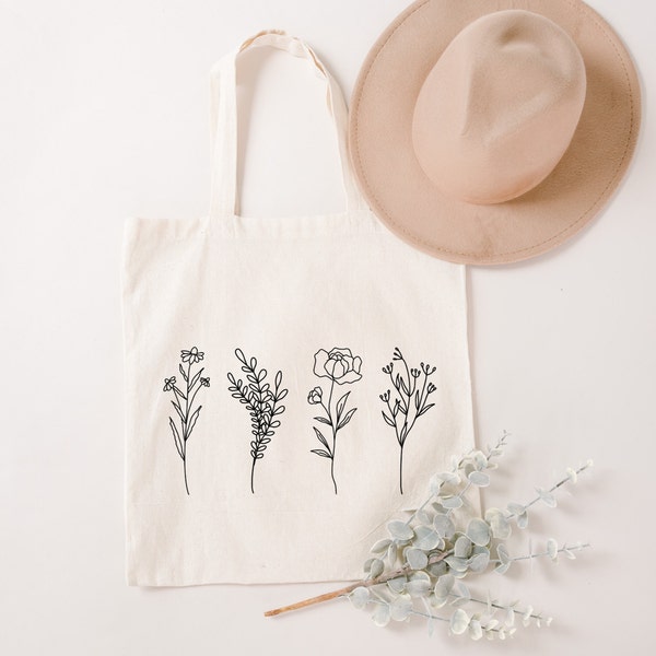 Floral Canvas tote bag, Wildflowers tote bag, trendy shopping bag, farmers market organic cotton tote bag, Abstract
