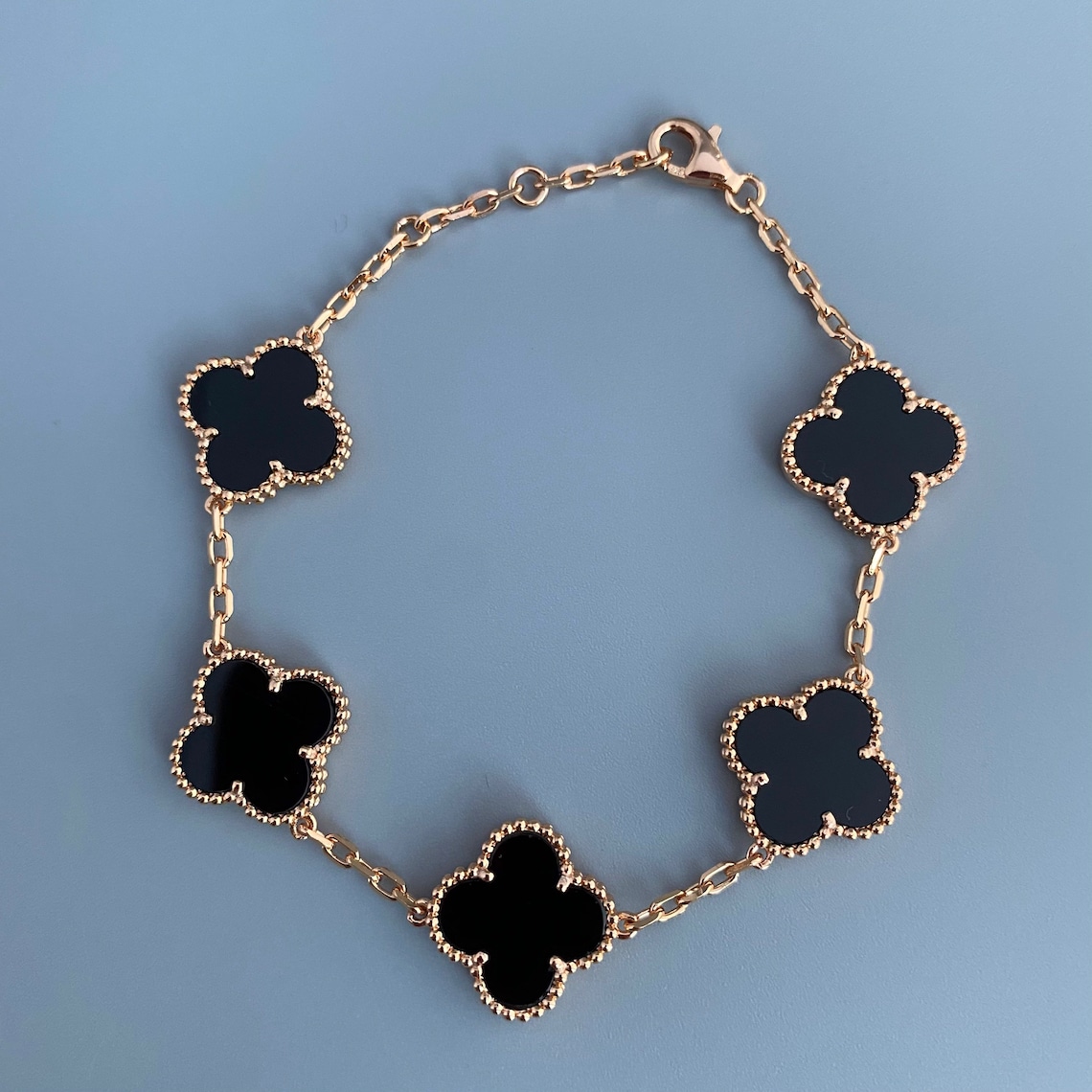 18k Gold plated Onyx clover bracelet Etsy
