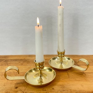 Brass Candlestick Holders, Hand Held Finger Loop  Candlestick Holders; Brass Chambersticks