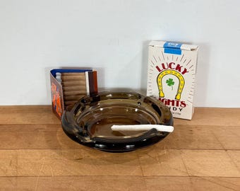 Small Brown Glass Ashtray: Round Small Smoke Ashtray, Trinket Dish