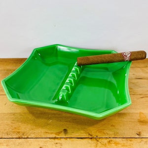 Bright Green Ceramic Ashtray, Square Cigar Size Ashtray Made in Japan
