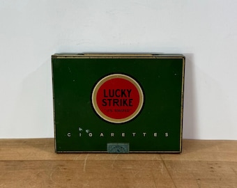 flat fifties cigarette case Vintage 1930s Lucky Strike Metal | American Tobacco Co. Tobacciana Advertising Tin Chesterfield Flat Fifty