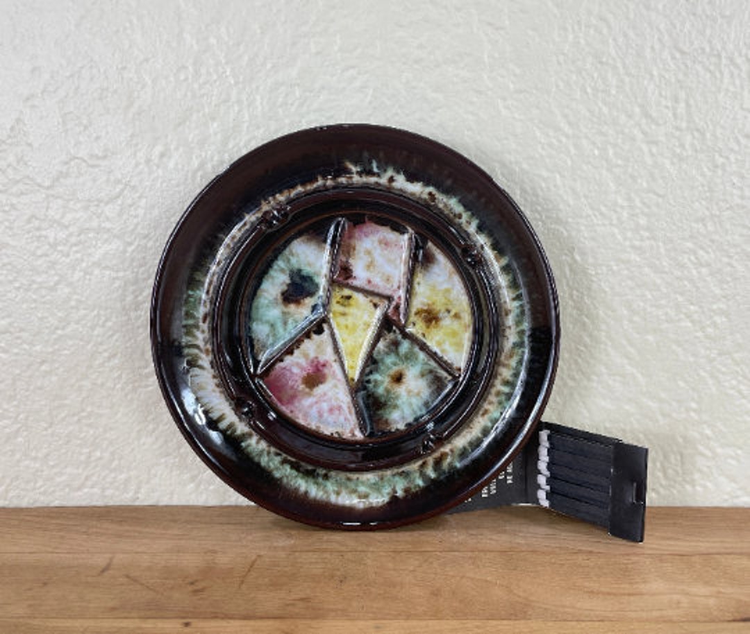 Round Ashtray, Brown and Pastels Drip Glaze Ceramic Ashtray Made in