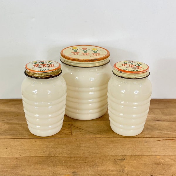 Ivory/Off White Glass Salt and Pepper Shakers and Matching Grease Jar, All with Metal Tulip Tops by Anchor Hocking