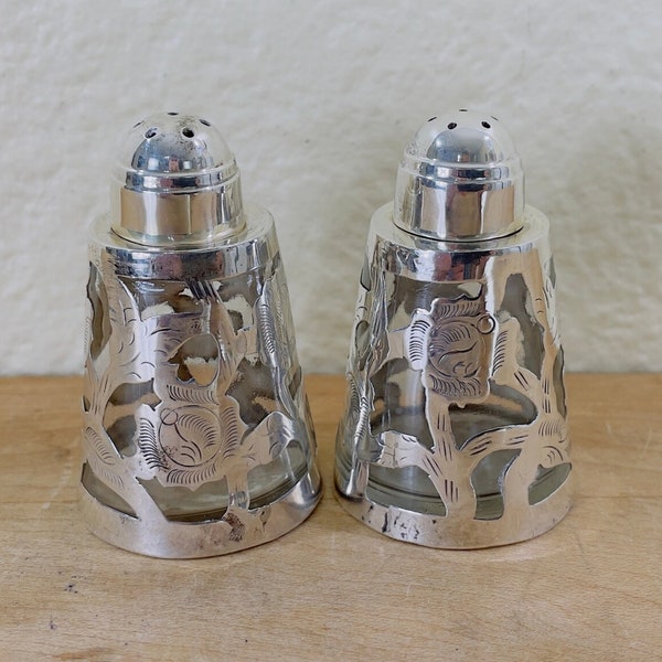 Mexican Openwork .925 LHM Sterling Silver and Clear Glass Salt and Pepper Shakers; Silver Over Plastic Lids