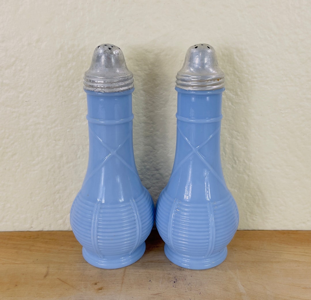 Delphite Basketweave Salt and Pepper Shakers by Glass, Metal