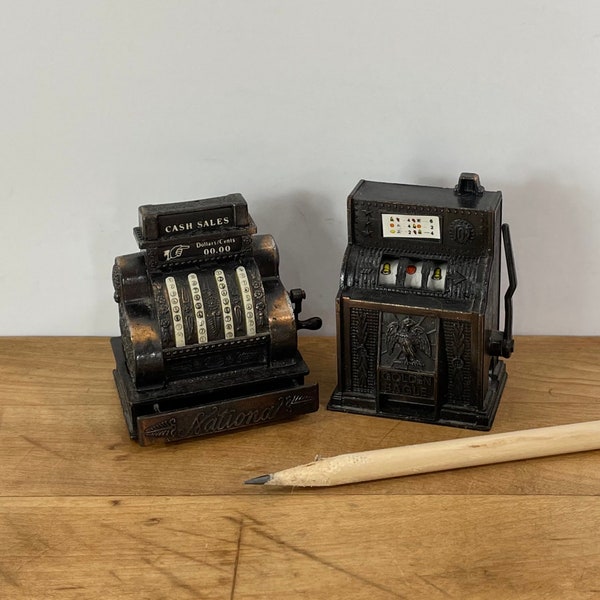 Novelty Cast Metal Manual Pencil Sharpeners - Vintage Made in Hong Kong, Cash Register and Slot Machine- Set of 2, Both Included