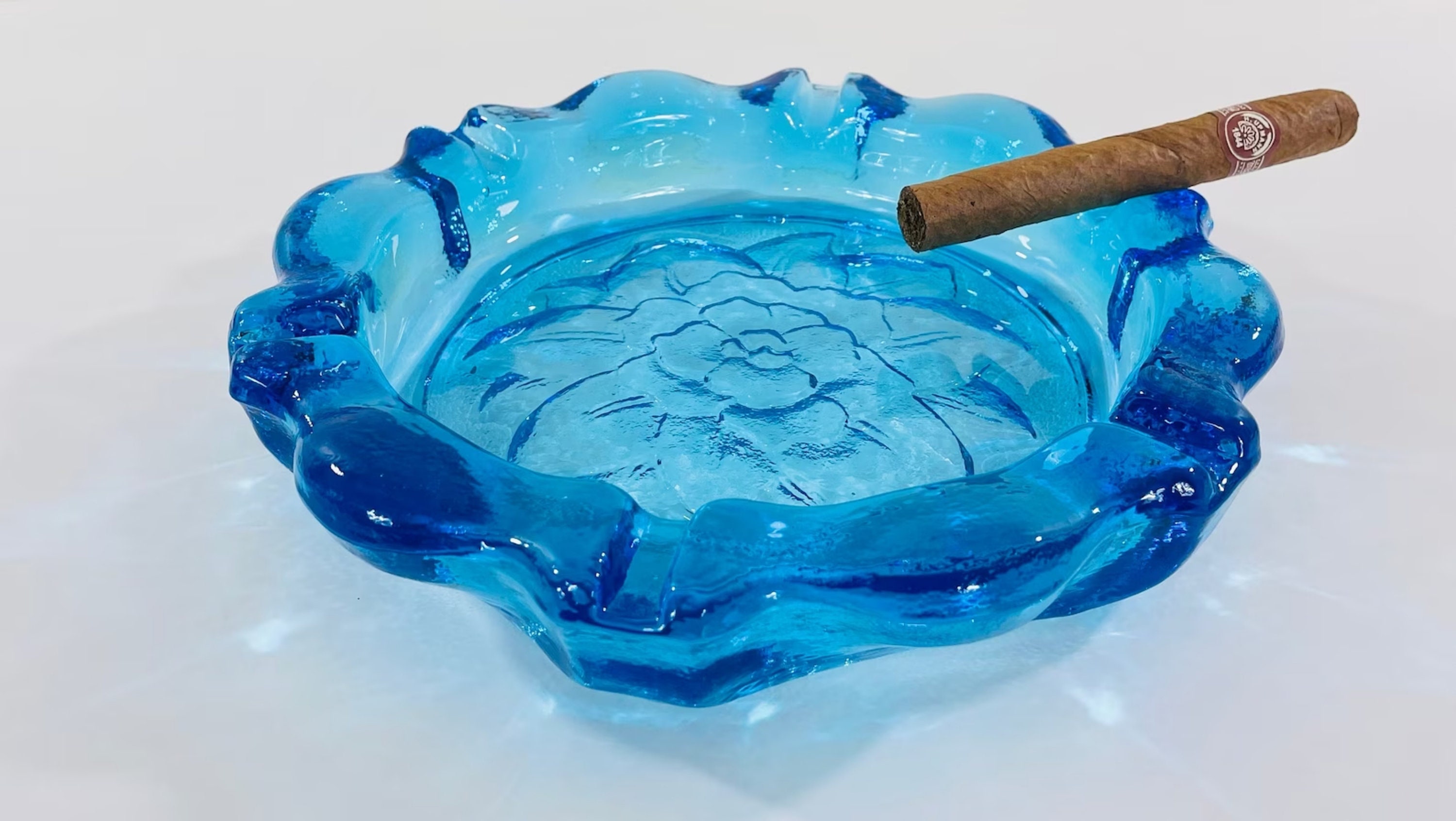 Large Blue Glass Ashtray by Tiara Glass Cigarette / Cigar Ashtray Large