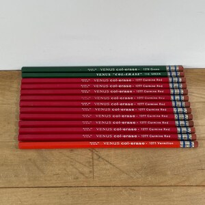 Unused Venus Col-Erase, Erasable Colored Pencils, Red, Green, and Vermillion, Set of 13, All Included