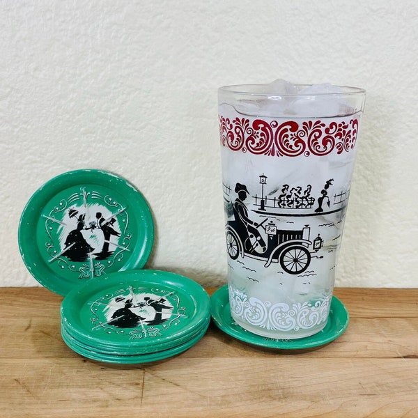 Tin Coasters, Jade Green with Old Fashioned Man and Woman Silouhettes - Set of 8, All Included