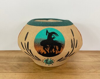 End of Trail Sand Art Pottery Vase by Navajo Artist F Yazzie.