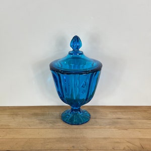 Blue Glass Candy Dish by  Smith Glass,  Simplicity Peacock Blue Glass Lidded Jar