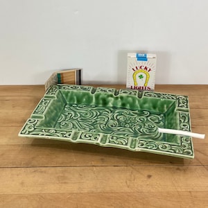 Green Rectangular Embossed Ceramic Ashtray,  10 1/4&quot; X 6 1/4&quot;, Cigar Size Ashtray, Green Glaze Pottery Ashtray, Unmarked