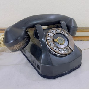 Black Bakelite Art Deco Rotary Desk Phone by Automatic Electric Co, Black Phone with Handset Receiver and Wires; Black Monophone Telephone
