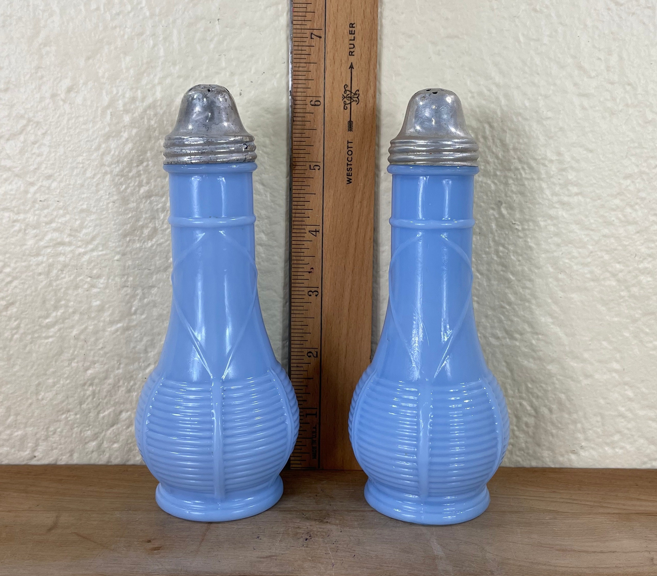 Delphite Basketweave Salt and Pepper Shakers by Glass, Metal