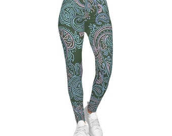 Teal Paisley Pattern Leggings | All-Over Print