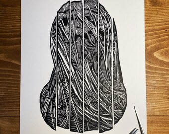 The Veiled Virgin - Lino Cut Print - Italian Sculpture, Giovanni Strazza - Handmade Lino Print.