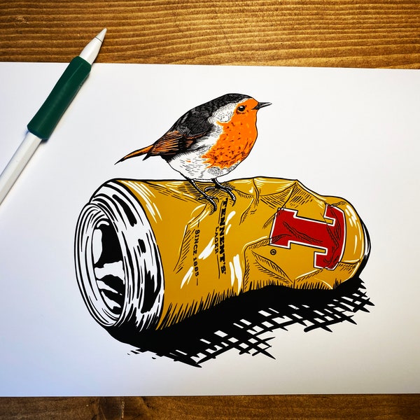 A4 - A Crutch That Became a Throne - The Tennent's Robin, Glasgow, Scotland - Hand Drawn Digital Artwork