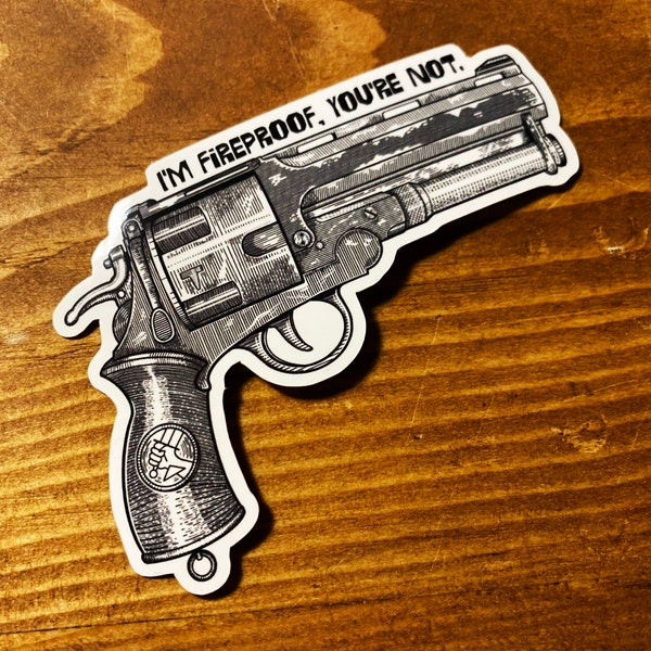 Hellboy - Vinyl Sticker - Hellboy’s Samaritan Gun - Ron Pearlman, Guillermo Del Toro, Doug Jones, Selma Blair, John Hurt - 4 x 2.5”