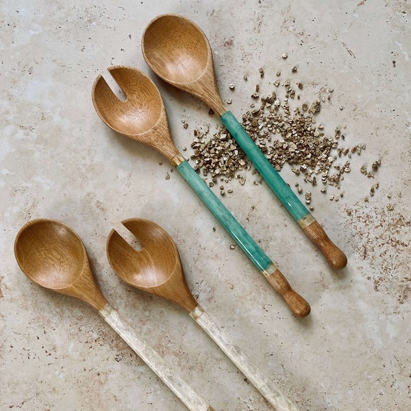 Wood Serving Spoons | Pearly Glaze | Capiz Shell | Durian Wood | Sustainably Sourced | Aqua | White | Salad Servers | Salad Spoons